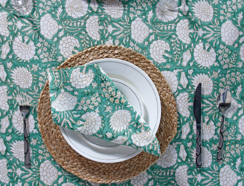 Turquoise Green, Old Moss Green and White Indian Floral Hand Block Printed Cotton Cloth Tablecloth, Table Cover, Farmhouse Wedding Events