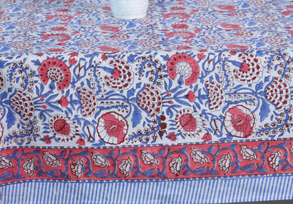 Pigeon Blue and flamingo pink on white Flower Design Hand Block Print Tablecloth Table Cover And Linen Set Gift For Mom and Gift For Her