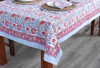 Pigeon Blue and flamingo pink on white Flower Design Hand Block Print Tablecloth Table Cover And Linen Set Gift For Mom and Gift For Her