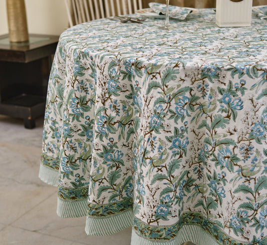 Wedding Party Home Decor Events, Sage and Russian Green, Peanut Brown Round Tablecloth, Indian Hand Block Floral Printed Cotton Table Cover