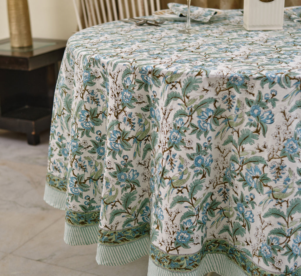 Wedding Party Home Decor Events, Sage and Russian Green, Peanut Brown Round Tablecloth, Indian Hand Block Floral Printed Cotton Table Cover