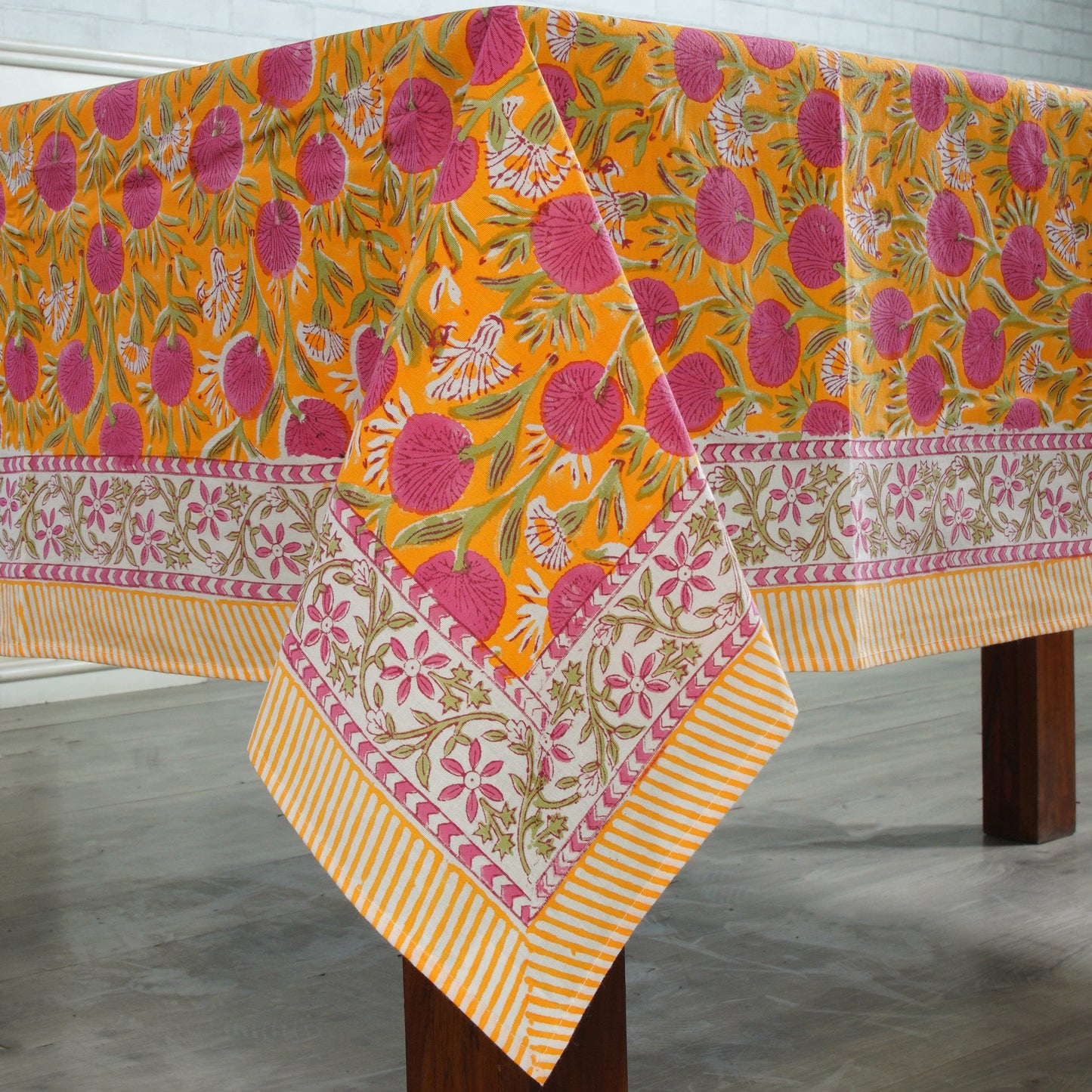 Hand Block Floral Printed Cotton Table Cover, Sage and Russian Green, Peanut Brown Round Tablecloth, Indian Wedding Party Home Decor Events