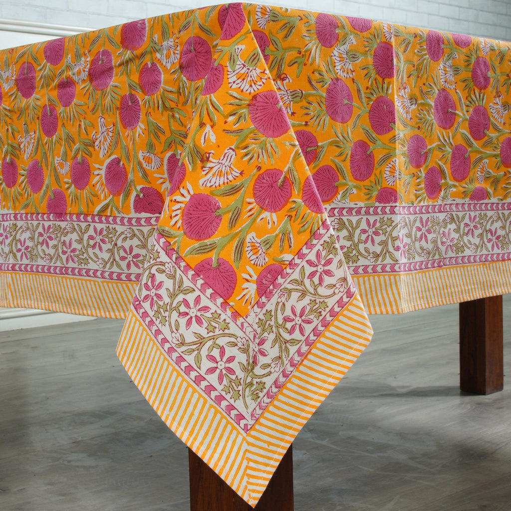 Hand Block Floral Printed Cotton Table Cover, Sage and Russian Green, Peanut Brown Round Tablecloth, Indian Wedding Party Home Decor Events