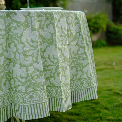 Party Wedding Home Decor Event Farmhouse Table Linen Home, Sage Green Round Tablecloth, Indian Floral Block Printed Cotton Cloth Table cover