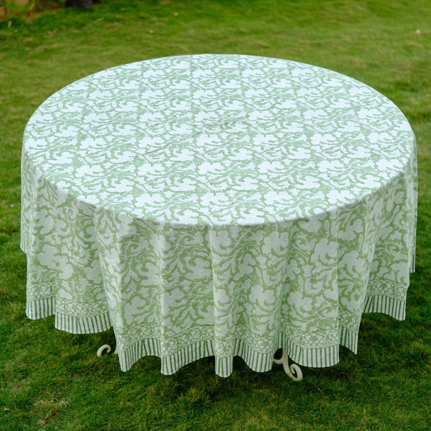 Party Wedding Home Decor Event Farmhouse Table Linen Home, Sage Green Round Tablecloth, Indian Floral Block Printed Cotton Cloth Table cover