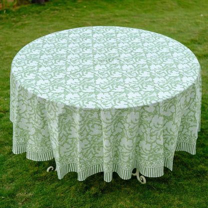 Party Wedding Home Decor Event Farmhouse Table Linen Home, Sage Green Round Tablecloth, Indian Floral Block Printed Cotton Cloth Table cover