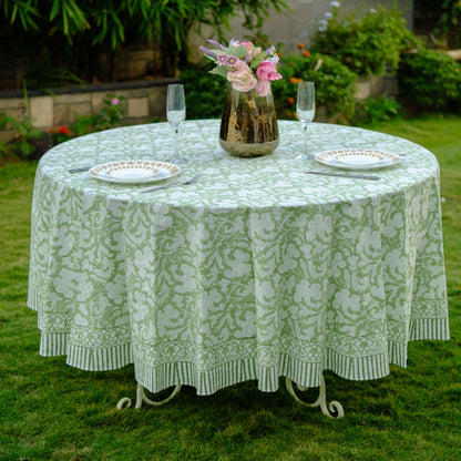 Party Wedding Home Decor Event Farmhouse Table Linen Home, Sage Green Round Tablecloth, Indian Floral Block Printed Cotton Cloth Table cover