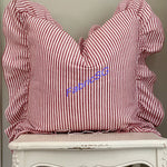 Red and Cream Stripe Ruffle Christmas Pillow Cover, Cottage Chic Ticking Cushion, French Farmhouse Holiday Decor