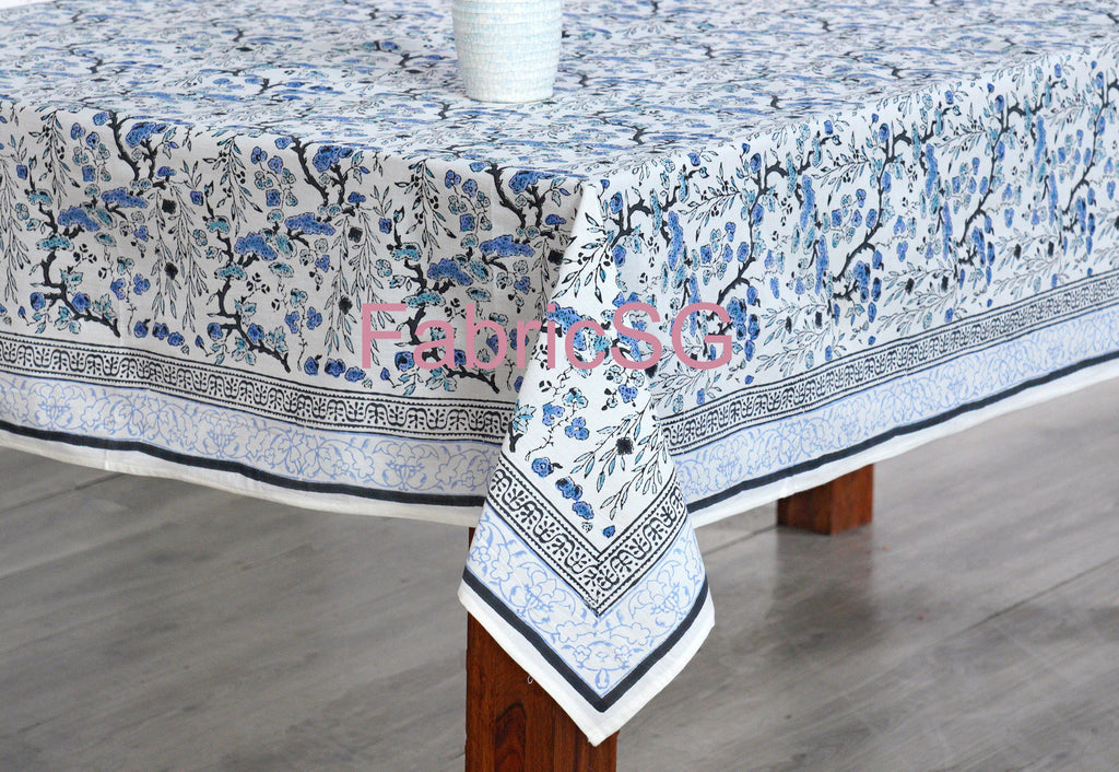Carolina and Powder Blue Indian Block Floral Print 100% Pure Cotton Cloth Tablecloth, Table Linen, Table Cover, Wedding Table Décor
