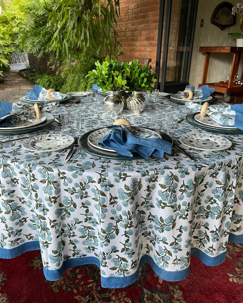 Denim & Baby Blue Indian Hand Block Printed 100% Pure Cotton Tablecloth, Border Design Table Cover, Party Tablecloth, Gift for Wedding