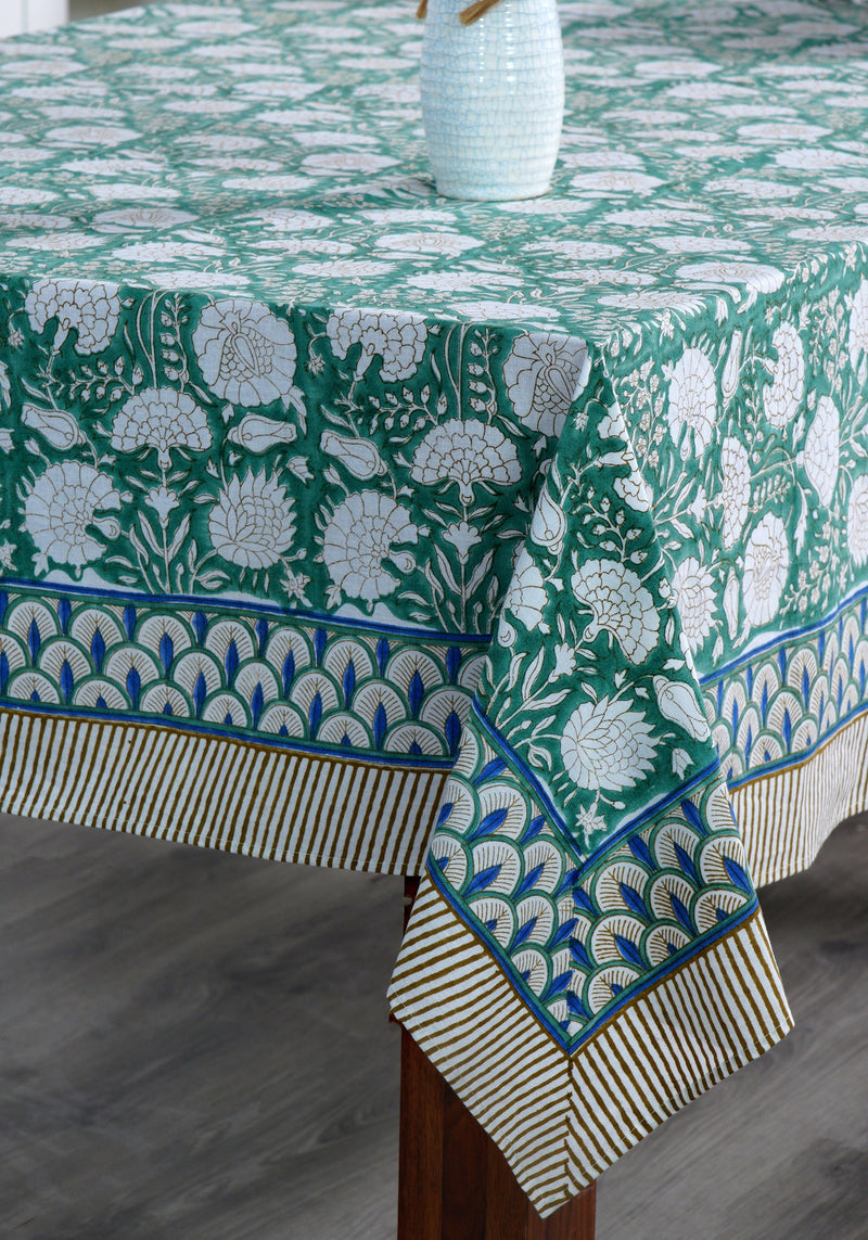 Turquoise Green, Old Moss Green and White Indian Floral Hand Block Printed Cotton Cloth Tablecloth, Table Cover, Farmhouse Wedding Events