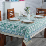 Turquoise Green, Old Moss Green and White Indian Floral Hand Block Printed Cotton Cloth Tablecloth, Table Cover, Farmhouse Wedding Events