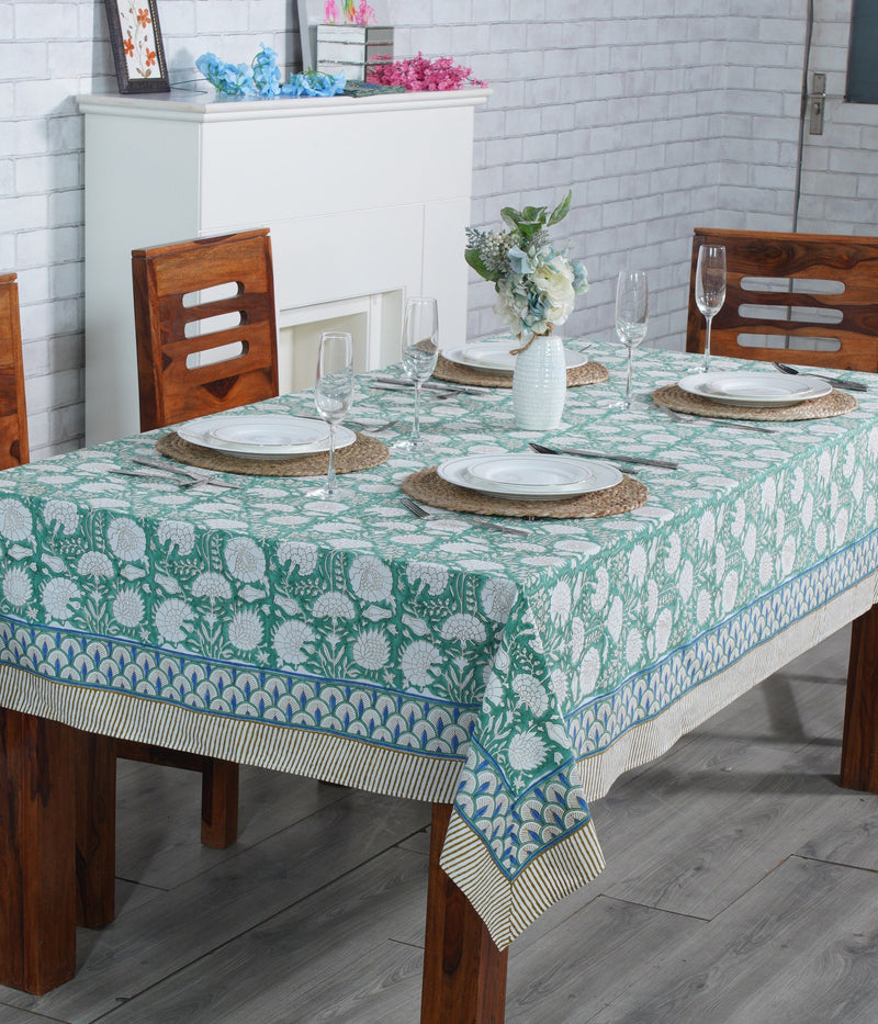 Turquoise Green, Old Moss Green and White Indian Floral Hand Block Printed Cotton Cloth Tablecloth, Table Cover, Farmhouse Wedding Events