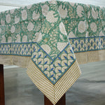 Turquoise Green, Old Moss Green and White Indian Floral Hand Block Printed Cotton Cloth Tablecloth, Table Cover, Farmhouse Wedding Events