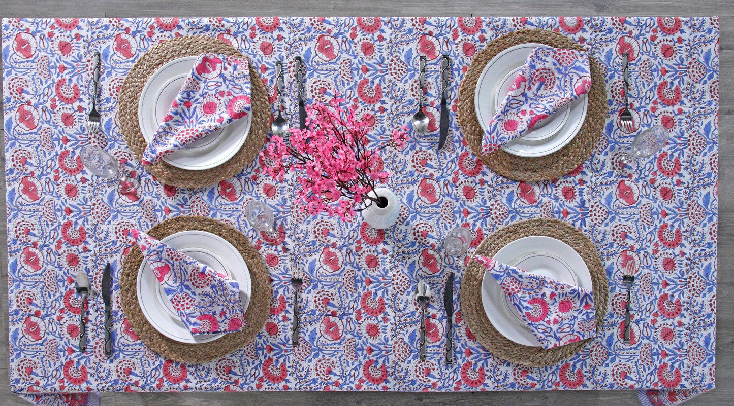 Pigeon Blue and flamingo pink on white Flower Design Hand Block Print Tablecloth Table Cover And Linen Set Gift For Mom and Gift For Her