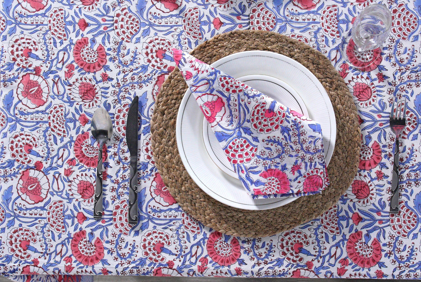 Pigeon Blue and flamingo pink on white Flower Design Hand Block Print Tablecloth Table Cover And Linen Set Gift For Mom and Gift For Her