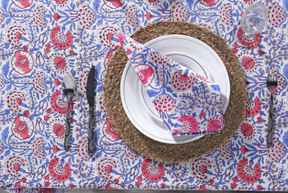 Pigeon Blue and flamingo pink on white Flower Design Hand Block Print Tablecloth Table Cover And Linen Set Gift For Mom and Gift For Her
