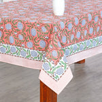 Wedding Tablecloth, Salmon Pink, Sage Green, Delft Blue Indian Hand Block Printed Tablecloth, Table Cover, Linen Set, Farmhouse Décor