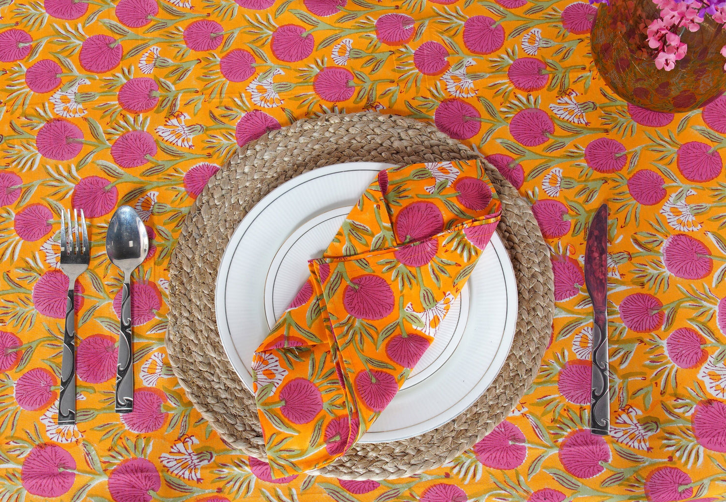 Hand Block Floral Printed Cotton Table Cover, Sage and Russian Green, Peanut Brown Round Tablecloth, Indian Wedding Party Home Decor Events