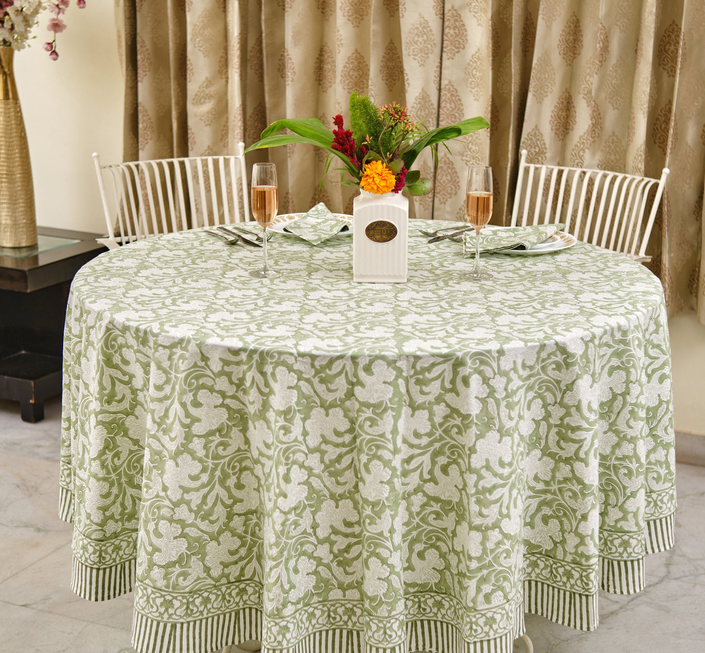 Party Wedding Home Decor Event Farmhouse Table Linen Home, Sage Green Round Tablecloth, Indian Floral Block Printed Cotton Cloth Table cover