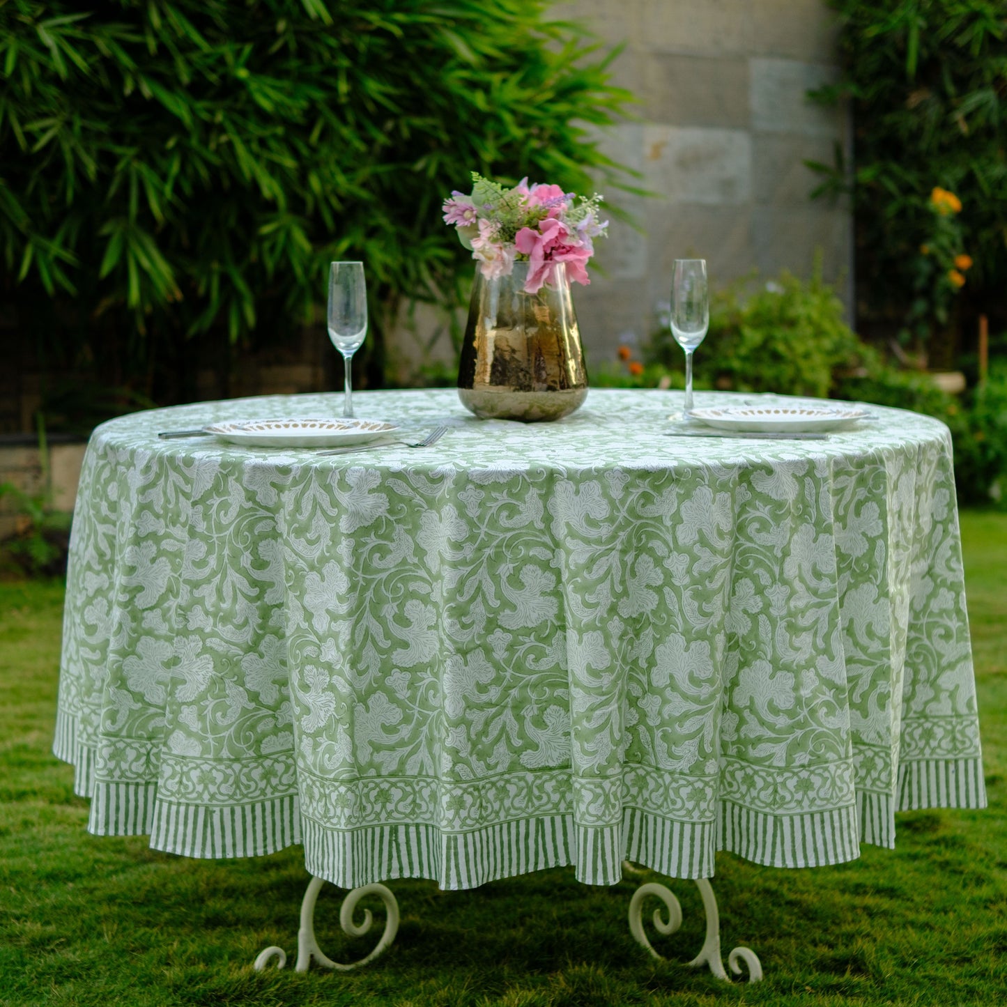 Party Wedding Home Decor Event Farmhouse Table Linen Home, Sage Green Round Tablecloth, Indian Floral Block Printed Cotton Cloth Table cover
