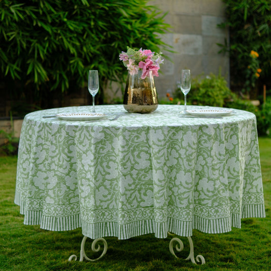 Party Wedding Home Decor Event Farmhouse Table Linen Home, Sage Green Round Tablecloth, Indian Floral Block Printed Cotton Cloth Table cover