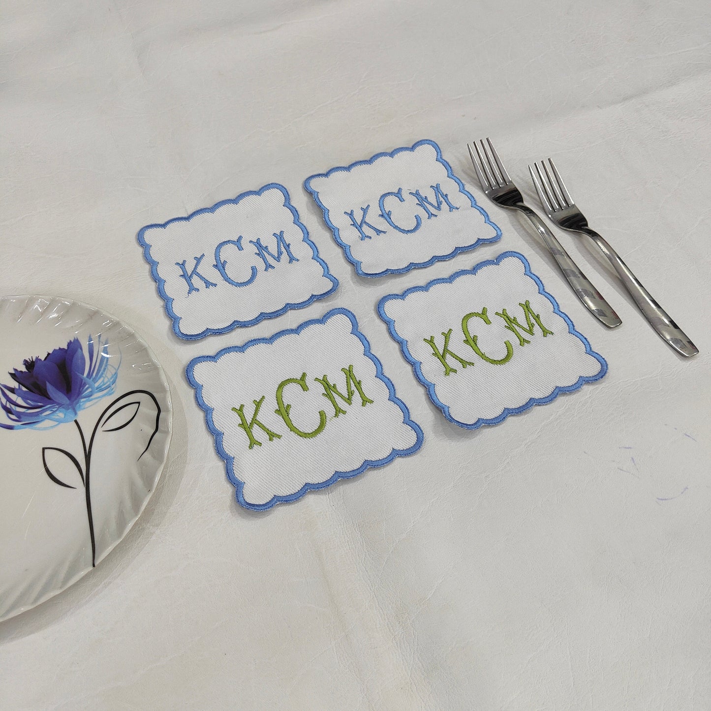 Embroidered linen white fabric coaster easy care,machine washable rustic kitchen decor dining coaster set