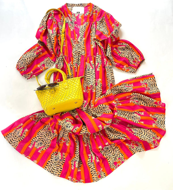 Eye of Tiger Maxi in Pink/Orange, Hand Printed Dress, Indian Cotton short dress, Indian Cotton Dress, Printed Dress