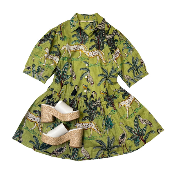 The Audubon Mini in Safari Toile, Hand Printed Dress, Indian Cotton short dress, Indian Cotton Dress, Printed Dress