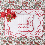 Classic Placemats Red Embroidered Edges for table decor , Bow table linen, White Napkins