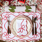 Classic Placemats Red Embroidered Edges for table decor , Bow table linen, White Napkins