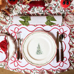 Classic Placemats Red Embroidered Edges for table decor , Bow table linen, White Napkins