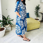 Floral Block Print Women Dress, Midi Dress, Mini Dress, Floral Long Block Print Dress, Deep Neck with belt closer