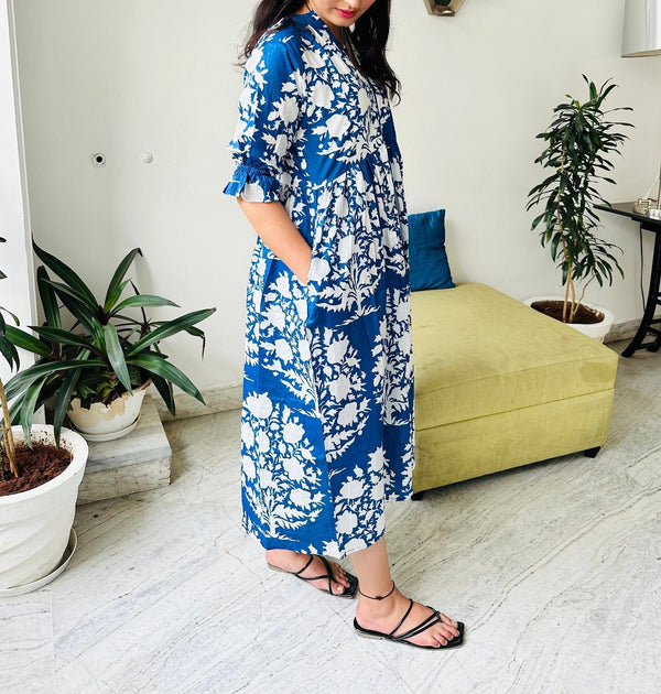 Floral Block Print Women Dress, Midi Dress, Mini Dress, Floral Long Block Print Dress, Deep Neck with belt closer