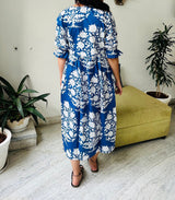 Floral Block Print Women Dress, Midi Dress, Mini Dress, Floral Long Block Print Dress, Deep Neck with belt closer