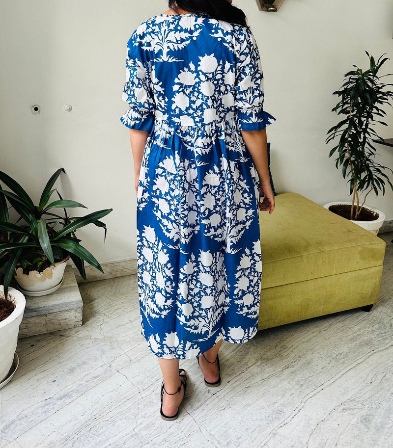 Floral Block Print Women Dress, Midi Dress, Mini Dress, Floral Long Block Print Dress, Deep Neck with belt closer