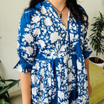 Floral Block Print Women Dress, Midi Dress, Mini Dress, Floral Long Block Print Dress, Deep Neck with belt closer