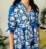 Floral Block Print Women Dress, Midi Dress, Mini Dress, Floral Long Block Print Dress, Deep Neck with belt closer