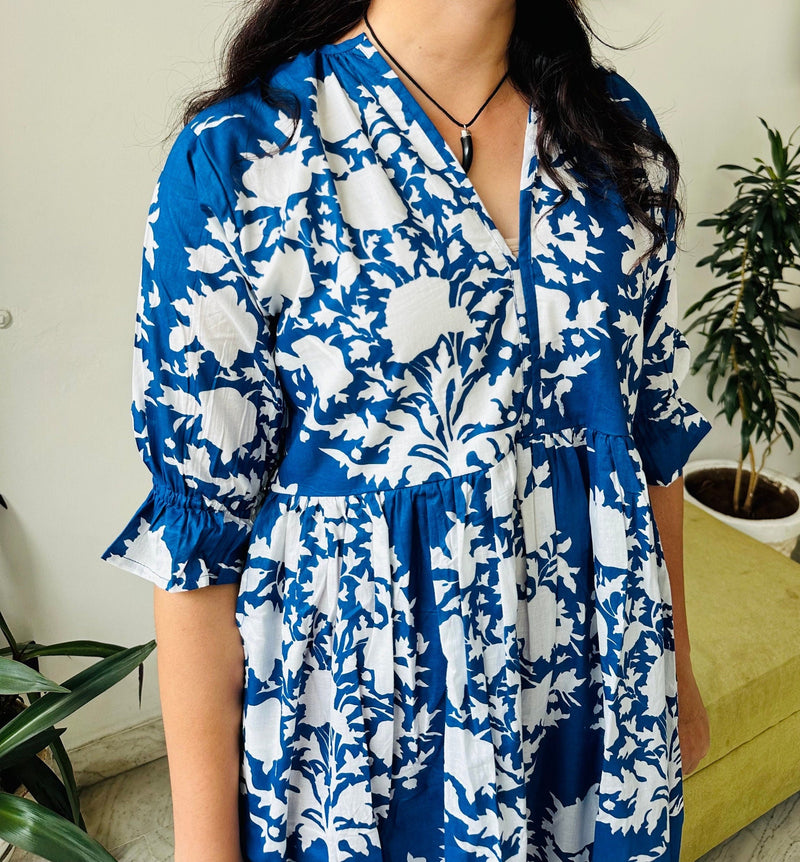 Floral Block Print Women Dress, Midi Dress, Mini Dress, Floral Long Block Print Dress, Deep Neck with belt closer