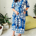 Floral Block Print Women Dress, Midi Dress, Mini Dress, Floral Long Block Print Dress, Deep Neck with belt closer