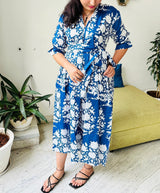 Floral Block Print Women Dress, Midi Dress, Mini Dress, Floral Long Block Print Dress, Deep Neck with belt closer