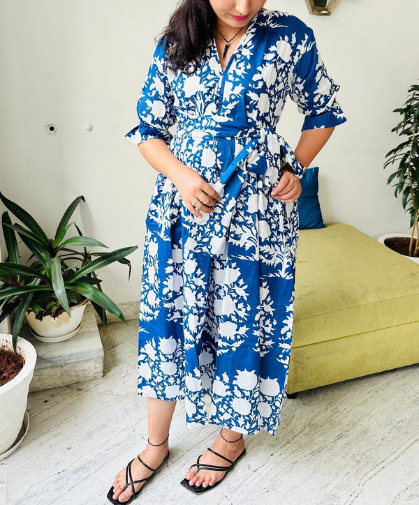 Floral Block Print Women Dress, Midi Dress, Mini Dress, Floral Long Block Print Dress, Deep Neck with belt closer