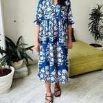 Floral Block Print Women Dress, Midi Dress, Mini Dress, Floral Long Block Print Dress, Deep Neck with belt closer