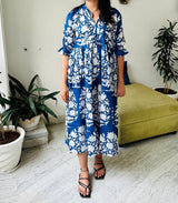 Floral Block Print Women Dress, Midi Dress, Mini Dress, Floral Long Block Print Dress, Deep Neck with belt closer