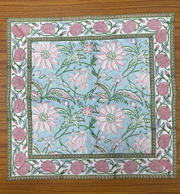 Ice Blue, Kelly Green, Pink Indian Floral Hand Block Printed Cotton Cloth Napkins Size 20x20" Set of 4,6,12,24,48 Wedding Events Home Party