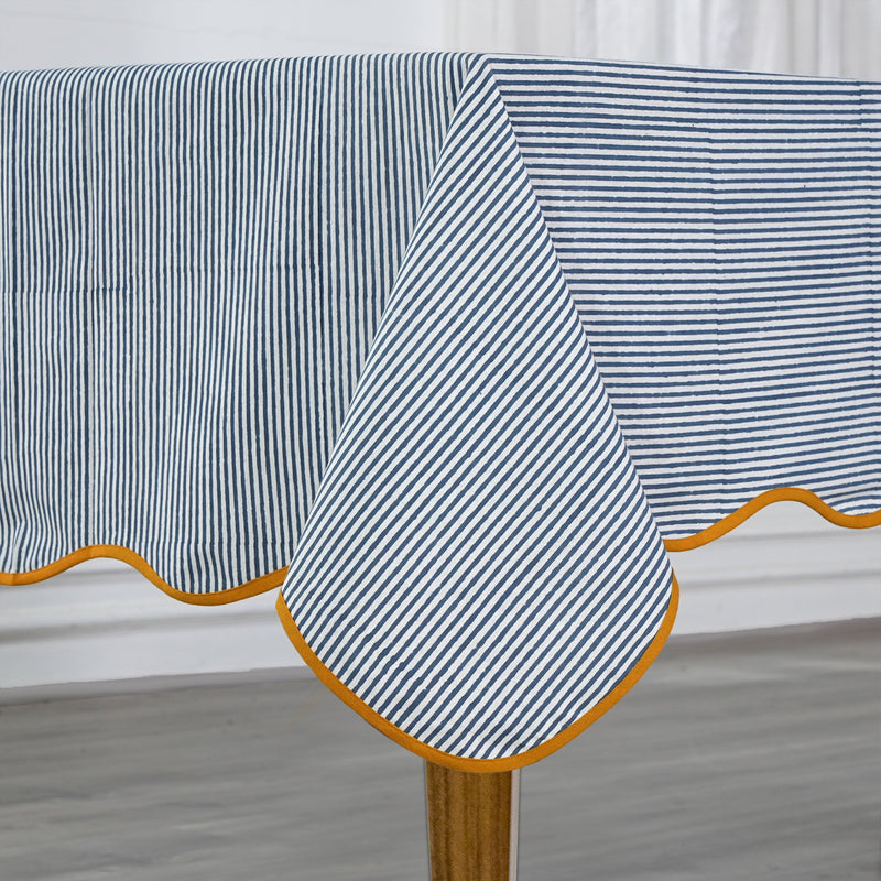Blue Stripes with Yellow Scallop Piping Tablecloth, Land and Water Theme