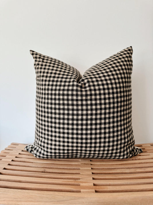 Black & Tan Gingham Linen Pillow Cover
