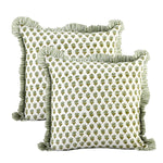 Emerald Green Cotton Block Print Ruffle Throw Pillow Covers, Decorative Pillows for Living Room, Boho Floral Cover/ without pillow insert