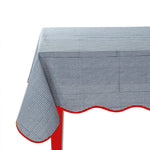 Blue Stripes with Red Piping Table Cloth, Scallop table cover, Indian Hand Block Printed Cotton Tablecloth for Farmhouse Wedding Home Decor