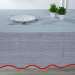 Blue Stripes with Red Piping Table Cloth, Scallop table cover, Indian Hand Block Printed Cotton Tablecloth for Farmhouse Wedding Home Decor